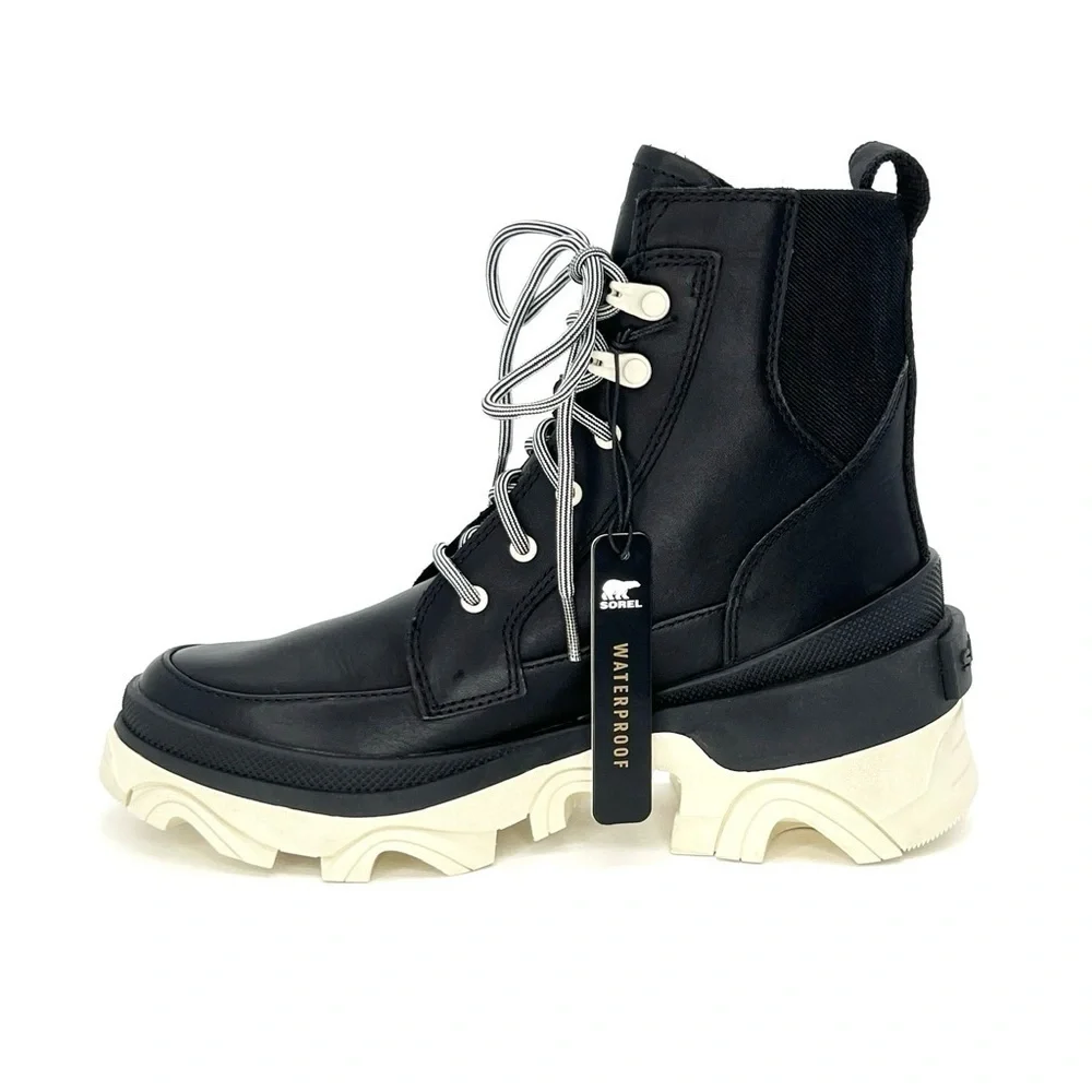 Sorel Brex Ankle Boots Womens Size 6.5 Leather Waterproof Black White New NWT